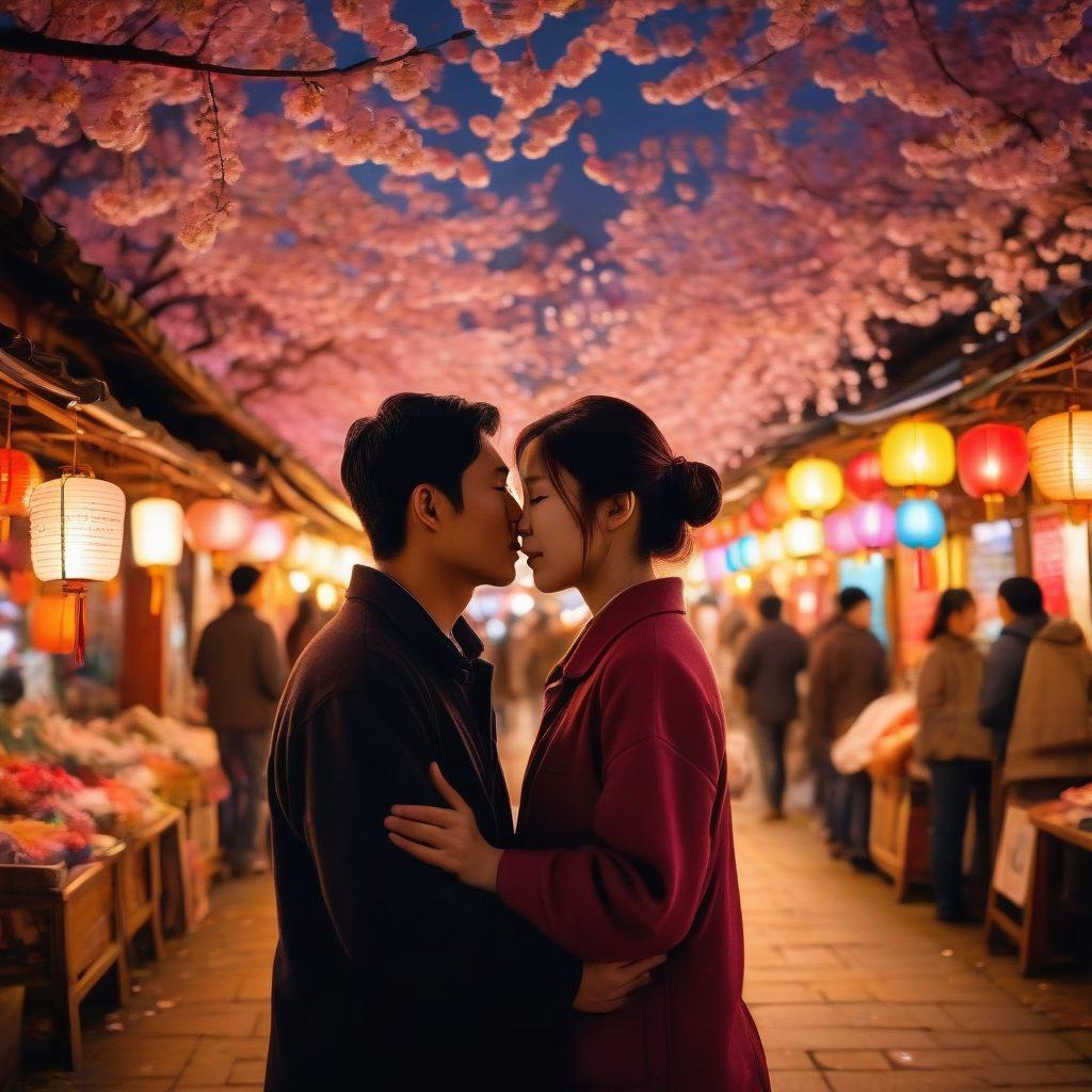 A romantic scene showcasing a bustling Asian market at dusk, with couples exchanging love letters under lanterns, a teary-eyed woman observing from a distance, and cherry blossoms gently falling. Emphasize the vibrant contrasts of love and heartbreak, capturing the essence of affection in a culturally rich setting. soft-focus background with detailed foreground elements. super-realistic. vibrant colors.