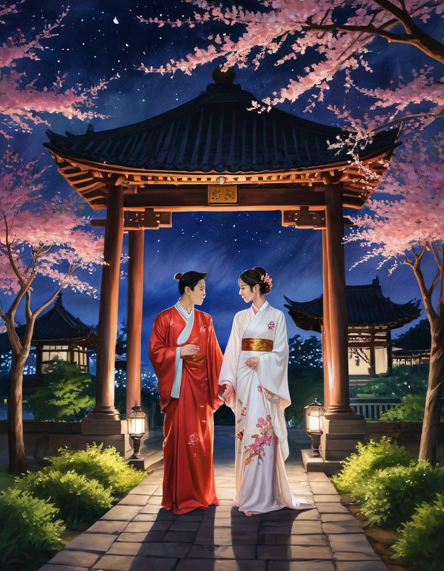 A serene twilight scene featuring an elegant couple in traditional Asian attire, surrounded by blooming cherry blossoms, with a soft lantern-lit pathway leading into a lush garden. In the background, ancient temple structures can be seen faintly illuminated under the night sky, evoking a sense of romance and mystery. Art style should be rich in warm colors with delicate details reflecting the essence of Asian culture and romance. watercolor painting. vibrant colors.