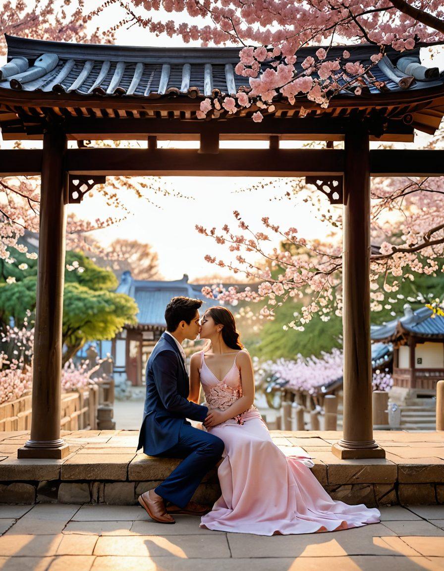 A romantic scene depicting a couple sharing a secret moment under cherry blossoms, with subtle hints of scandalous love letters scattered around them. The background features traditional Asian architecture blending with vibrant colors of sunset, showcasing the beauty of romance intertwined with intrigue. Include soft lighting to enhance the intimate atmosphere. 3D. vibrant colors.